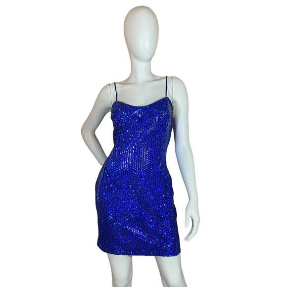 80’s Vintage Disco Blue Sequin Mini Dress by L.A. Glo - Picture 1 of 7